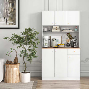 71" Tall Kitchen Hutch Cabinet, Modern Pantry Cabinet with Outlets & USB Ports, Microwave Stand, Adjustable Shelves, Freestanding Buffet Cupboard