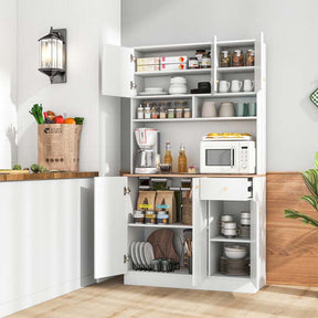 71" Tall Kitchen Hutch Cabinet, Modern Pantry Cabinet with Outlets & USB Ports, Microwave Stand, Adjustable Shelves, Freestanding Buffet Cupboard