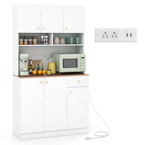 71" Tall Kitchen Hutch Cabinet, Modern Pantry Cabinet with Outlets & USB Ports, Microwave Stand, Adjustable Shelves, Freestanding Buffet Cupboard
