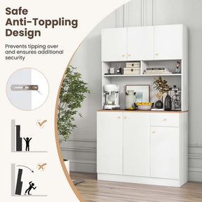 71" Tall Kitchen Hutch Cabinet, Modern Pantry Cabinet with Outlets & USB Ports, Microwave Stand, Adjustable Shelves, Freestanding Buffet Cupboard