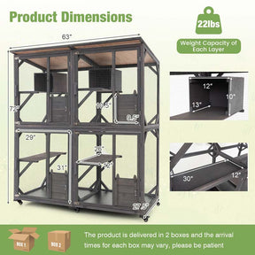 72" Tall Large Wooden Cat House on Wheels with 2 Resting Box, 4 Platforms, Catio Outdoor Cat Enclosure Kitty Cat Kennel Condo Cage Playpen