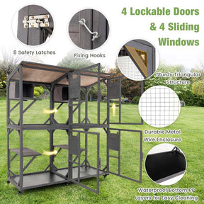 72" Tall Large Wooden Cat House on Wheels with 2 Resting Box, 4 Platforms, Catio Outdoor Cat Enclosure Kitty Cat Kennel Condo Cage Playpen