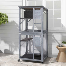 72" Tall Wooden Cat House on Wheels with Resting Box, 2 Platforms, Catio Outdoor Cat Enclosure Large Kitty Cat Condo Cage Playpen