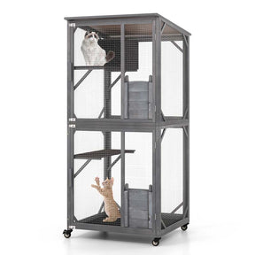 72" Tall Wooden Cat House on Wheels with Resting Box, 2 Platforms, Catio Outdoor Cat Enclosure Large Kitty Cat Condo Cage Playpen