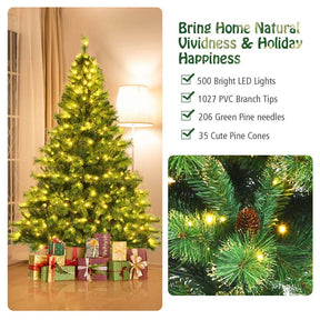 7FT Pre-Lit Christmas Tree with 500 LED Lights Artificial Xmas Tree with 1233 PVC Branch Tips 35 Pine Cones
