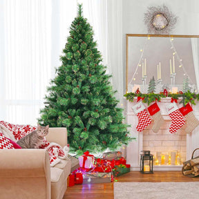 7FT Pre-Lit Christmas Tree with 500 LED Lights Artificial Xmas Tree with 1233 PVC Branch Tips 35 Pine Cones