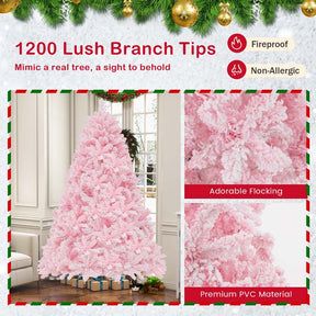 7 FT Pre-lit Pink Artificial Christmas Tree, Hinged Snow Flocked Holiday Tree with 1200 Tips, 500 Multi-Color LED Lights & 8 Modes for Home Decor
