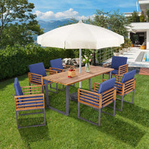 7 Piece Acacia Wood Patio Dining Set with 69" Tabletop & Umbrella Hole, Heavy-Duty Metal Dining Chair & Table Set for Backyard Poolside