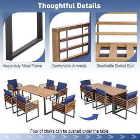 7 Piece Acacia Wood Patio Dining Set with 69" Tabletop & Umbrella Hole, Heavy-Duty Metal Dining Chair & Table Set for Backyard Poolside
