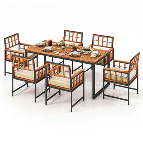7Pcs Patio Dining Set for Backyard Poolside, Outdoor Acacia Wood Table and Chairs with Soft Cushions & 1.96" Umbrella Hole
