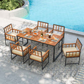 7Pcs Patio Dining Set for Backyard Poolside, Outdoor Acacia Wood Table and Chairs with Soft Cushions & 1.96" Umbrella Hole