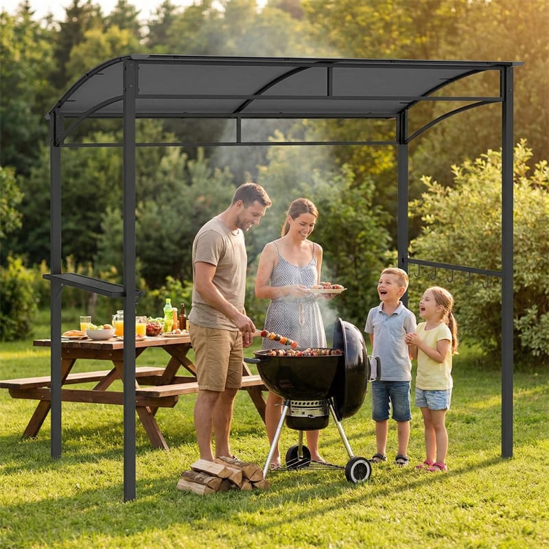 7x4.5 FT Outdoor Patio Grill Gazebo, Curved BBQ Canopy Shelter with Serving Shelves, Storage Hooks & Heavy-Duty Steel Frame for Backyard Garden