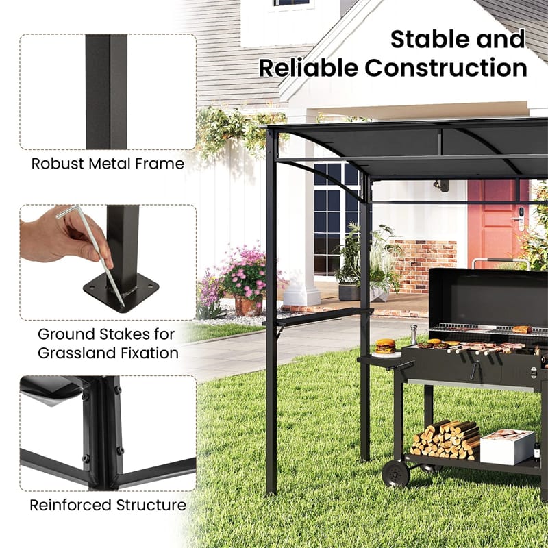 7x4.5 FT Outdoor Patio Grill Gazebo, Curved BBQ Canopy Shelter with Serving Shelves, Storage Hooks & Heavy-Duty Steel Frame for Backyard Garden