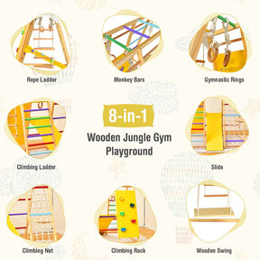 8-in-1 Wooden Indoor Playground Montessori Climbing Toys for Toddlers, Kids Jungle Gym Playset with Slide, Climbing Rock/Net, Monkey Bars