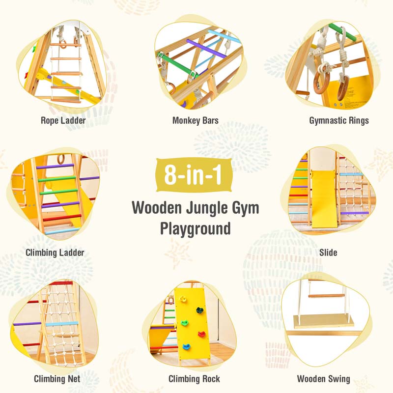 8-in-1 Wooden Indoor Playground Montessori Climbing Toys for Toddlers, Kids Jungle Gym Playset with Slide, Climbing Rock/Net, Monkey Bars