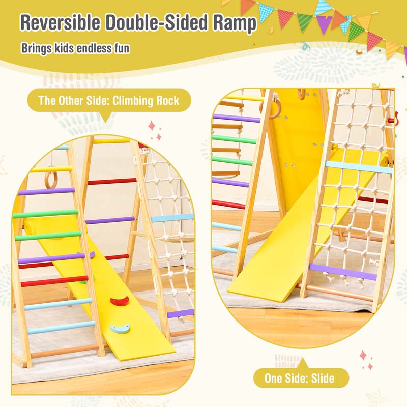 8-in-1 Wooden Indoor Playground Montessori Climbing Toys for Toddlers, Kids Jungle Gym Playset with Slide, Climbing Rock/Net, Monkey Bars