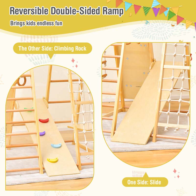 8-in-1 Wooden Indoor Playground Montessori Climbing Toys for Toddlers, Kids Jungle Gym Playset with Slide, Climbing Rock/Net, Monkey Bars