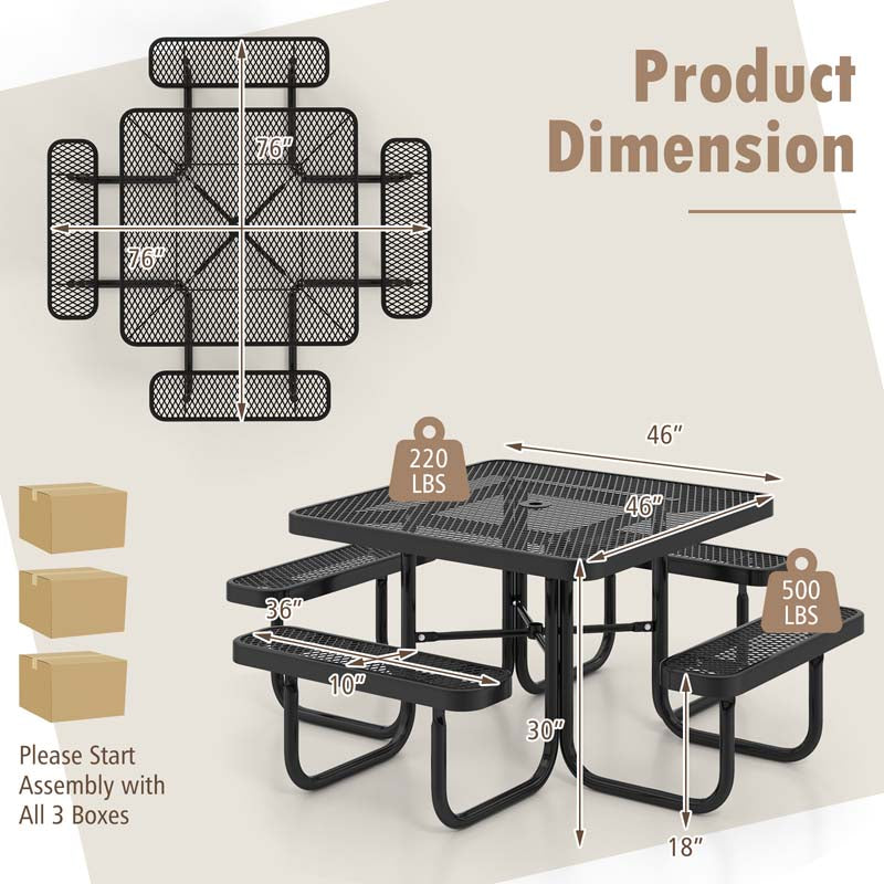 8-Person Square Mesh Picnic Table Bench Set w/ Umbrella Hole, 46" Thermoplastic Coated Steel Heavy Duty Camping Table & Seats for Backyard Park