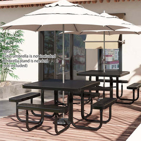 8-Person Square Mesh Picnic Table Bench Set w/ Umbrella Hole, 46" Thermoplastic Coated Steel Heavy Duty Camping Table & Seats for Backyard Park