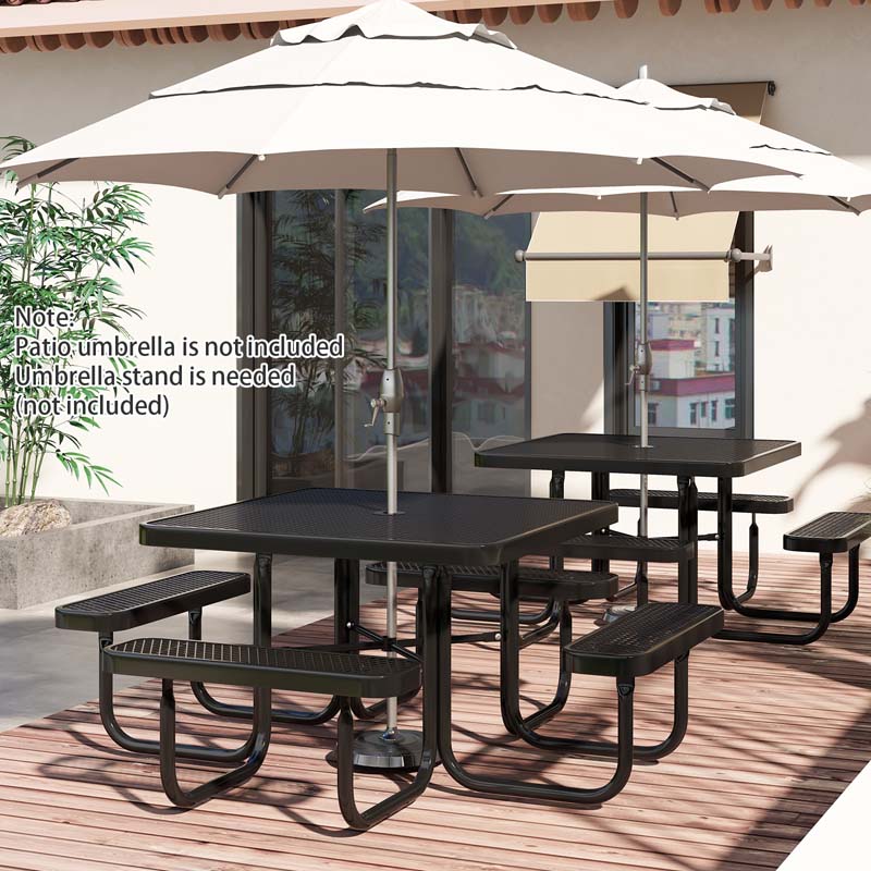 8-Person Square Mesh Picnic Table Bench Set w/ Umbrella Hole, 46" Thermoplastic Coated Steel Heavy Duty Camping Table & Seats for Backyard Park