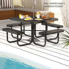 8-Person Square Mesh Picnic Table Bench Set w/ Umbrella Hole, 46" Thermoplastic Coated Steel Heavy Duty Camping Table & Seats for Backyard Park