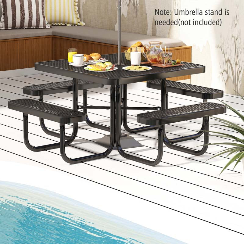 8-Person Square Mesh Picnic Table Bench Set w/ Umbrella Hole, 46" Thermoplastic Coated Steel Heavy Duty Camping Table & Seats for Backyard Park