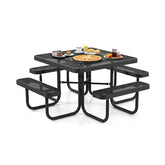 8-Person Square Mesh Picnic Table Bench Set w/ Umbrella Hole, 46" Thermoplastic Coated Steel Heavy Duty Camping Table & Seats for Backyard Park
