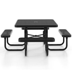 8-Person Square Mesh Picnic Table Bench Set w/ Umbrella Hole, 46" Thermoplastic Coated Steel Heavy Duty Camping Table & Seats for Backyard Park