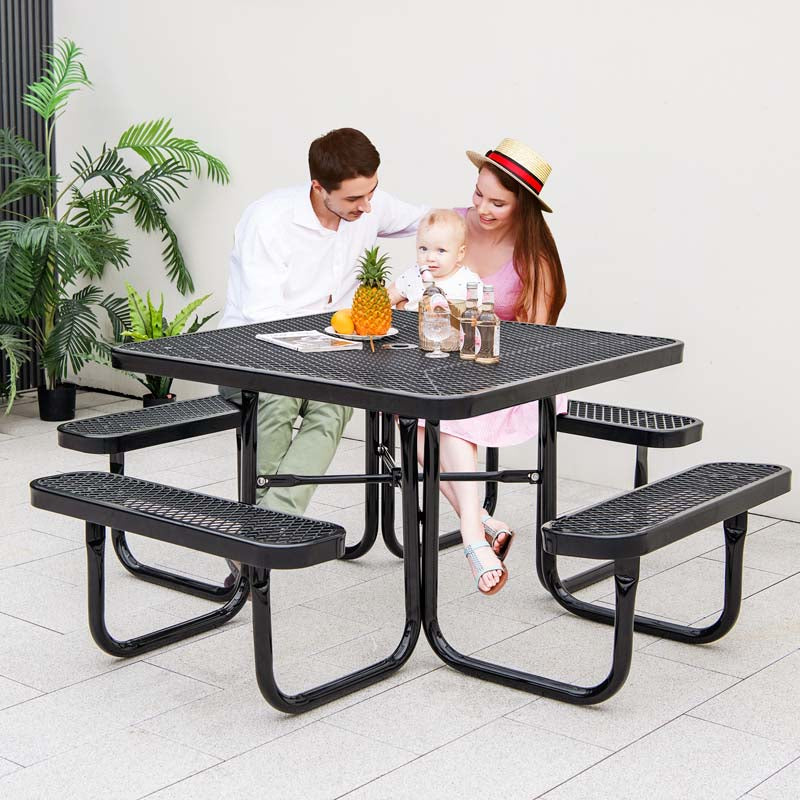 8-Person Square Mesh Picnic Table Bench Set w/ Umbrella Hole, 46" Thermoplastic Coated Steel Heavy Duty Camping Table & Seats for Backyard Park