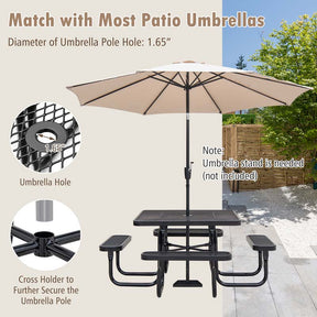 8-Person Square Mesh Picnic Table Bench Set w/ Umbrella Hole, 46" Thermoplastic Coated Steel Heavy Duty Camping Table & Seats for Backyard Park