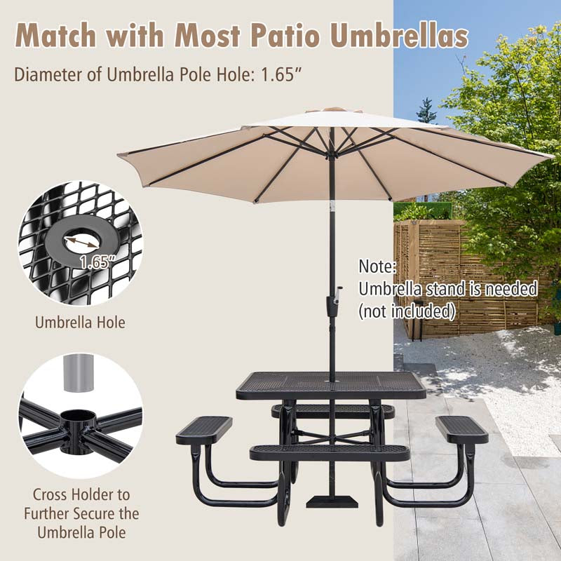 8-Person Square Mesh Picnic Table Bench Set w/ Umbrella Hole, 46" Thermoplastic Coated Steel Heavy Duty Camping Table & Seats for Backyard Park
