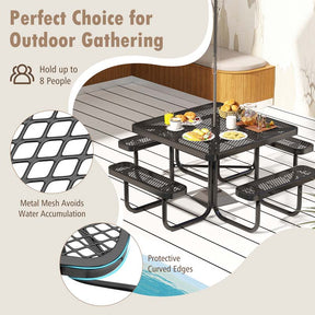 8-Person Square Mesh Picnic Table Bench Set w/ Umbrella Hole, 46" Thermoplastic Coated Steel Heavy Duty Camping Table & Seats for Backyard Park