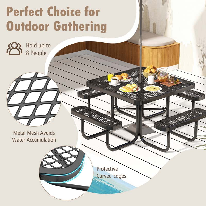 8-Person Square Mesh Picnic Table Bench Set w/ Umbrella Hole, 46" Thermoplastic Coated Steel Heavy Duty Camping Table & Seats for Backyard Park