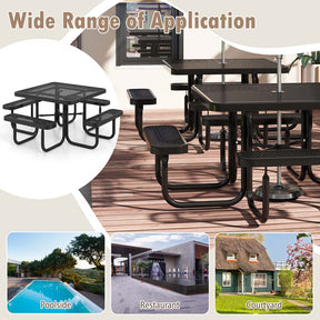 8-Person Square Mesh Picnic Table Bench Set w/ Umbrella Hole, 46" Thermoplastic Coated Steel Heavy Duty Camping Table & Seats for Backyard Park