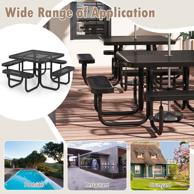 8-Person Square Mesh Picnic Table Bench Set w/ Umbrella Hole, 46" Thermoplastic Coated Steel Heavy Duty Camping Table & Seats for Backyard Park