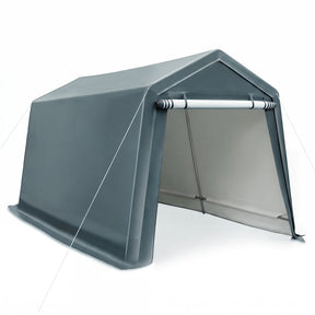 A gray roll-up canopy tent with a peaked roof and an open front door, shown on a clean white background.