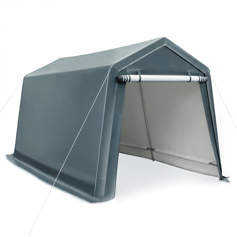 A gray roll-up canopy tent with a peaked roof and an open front door, shown on a clean white background.