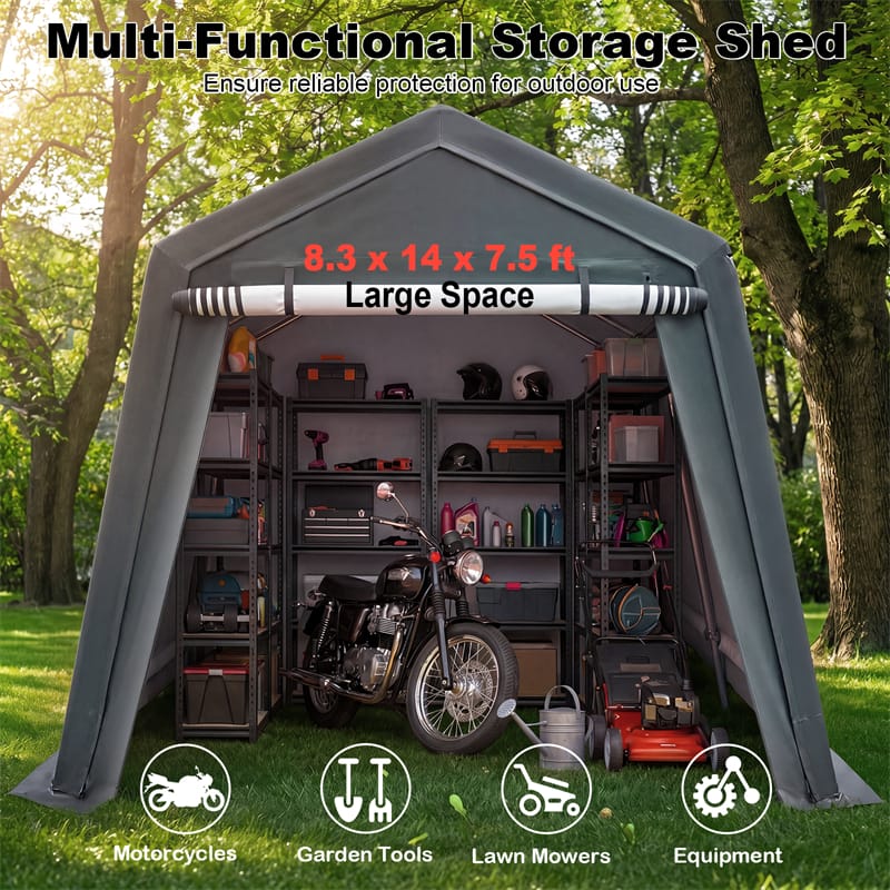 A gray pop-up storage shed canopy shown outdoors in a grassy wooded area, with a motorcycle parked inside and shelving filled with tools and equipment. Text at the top reads 'Multi-Functional Storage Shed' and 'Large Space 8.