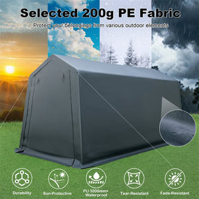 A dark gray outdoor tent shown on a grassy background with promotional text reading 'Selected 200g PE Fabric' and feature icons for durability, sun protection, waterproofing, tear resistance, and fade resistance. A circular inset shows a close-up of the fabric texture.