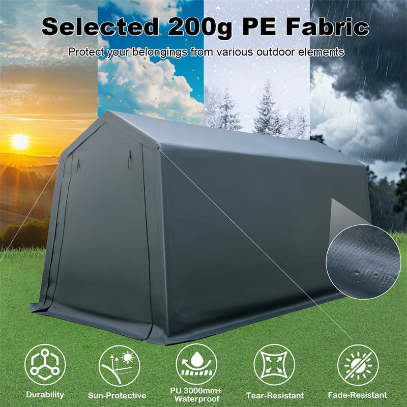 A dark gray outdoor tent shown on a grassy background with promotional text reading 'Selected 200g PE Fabric' and feature icons for durability, sun protection, waterproofing, tear resistance, and fade resistance. A circular inset shows a close-up of the fabric texture.
