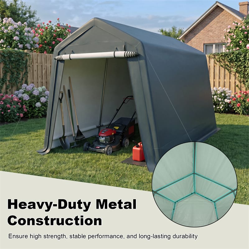 A dark gray metal storage tent pitched on a green lawn in a backyard, with a lawnmower and gas can inside. Text at the bottom reads 'Heavy-Duty Metal Construction' with a circular inset showing the tent's internal frame structure.