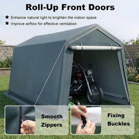 Gray roll-up front door carport tent shown on a grassy lawn with a motorcycle parked inside. The image includes marketing text about natural light and ventilation, plus two inset close-up feature panels showing smooth zippers and fixing buckles.