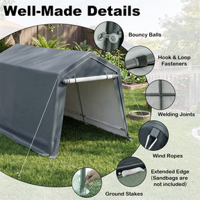 Gray pop-up canopy tent shown on grass with callout circles highlighting features such as bouncy balls, hook and loop fasteners, welding joints, wind ropes, extended edge, and ground stakes.