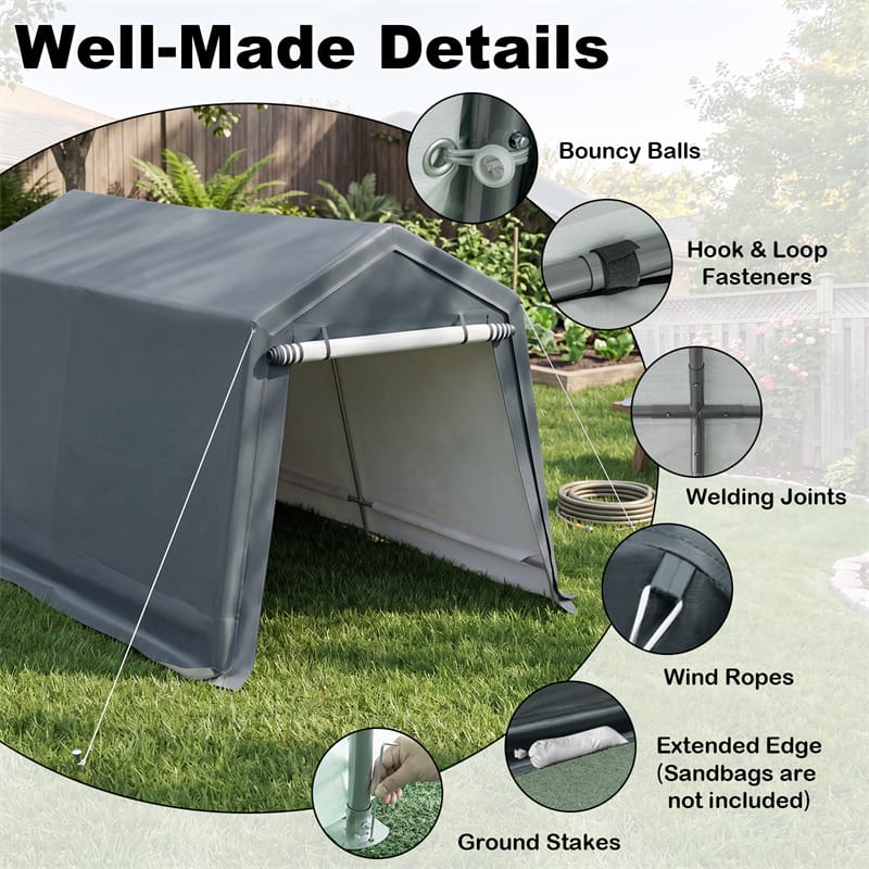 Gray pop-up canopy tent shown on grass with callout circles highlighting features such as bouncy balls, hook and loop fasteners, welding joints, wind ropes, extended edge, and ground stakes.