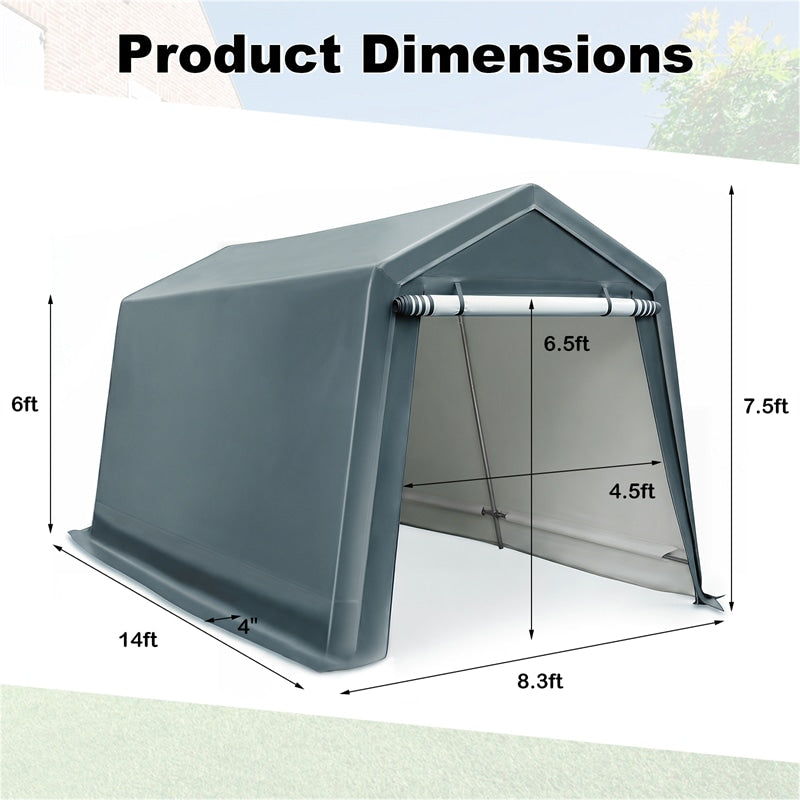 Product dimensions diagram of a gray roll-up carport tent with labeled measurements including 14ft width, 8.3ft depth, 6.