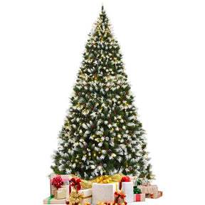 6/7.5/9FT Pre-lit Artificial Christmas Tree, Hinged Snow Flocked Xmas Tree w/Pine Cones, Red Berries & 250/550/900 LED Lights, 8 Lighting Modes