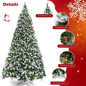 6/7.5/9FT Pre-lit Artificial Christmas Tree, Hinged Snow Flocked Xmas Tree w/Pine Cones, Red Berries & 250/550/900 LED Lights, 8 Lighting Modes