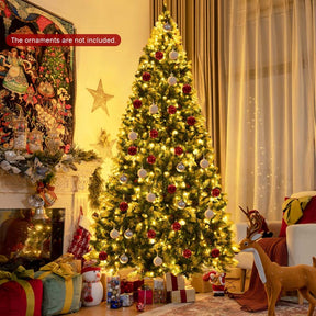 6/7.5/9FT Pre-lit Artificial Christmas Tree, Hinged Snow Flocked Xmas Tree w/Pine Cones, Red Berries & 250/550/900 LED Lights, 8 Lighting Modes