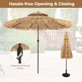 9FT Thatched Tiki Patio Umbrella with 33 Solar LED Lights, Hawaiian Style 2-Tier Hula Beach Umbrella with Tilt & Crank for Pool, Backyard, Garden