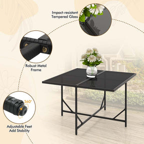 9Pcs Space-Saving Rattan Wicker Outdoor Dining Furniture Set with Tempered Glass Table and Ottomans